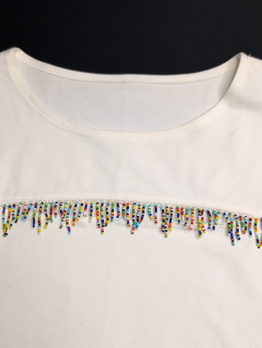 White Top with Multicolor Beaded Fringe